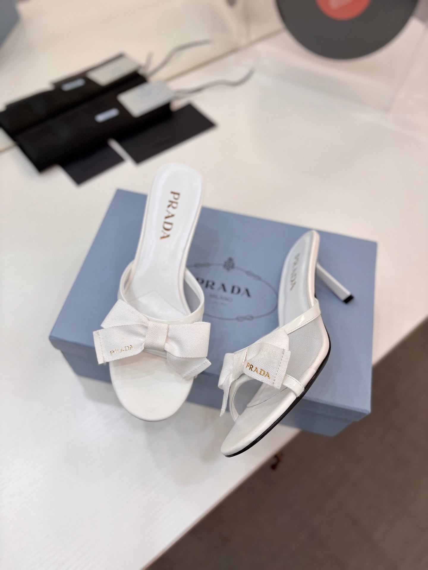 Prada Mesh 7.5cm White Fabric Mules 834605