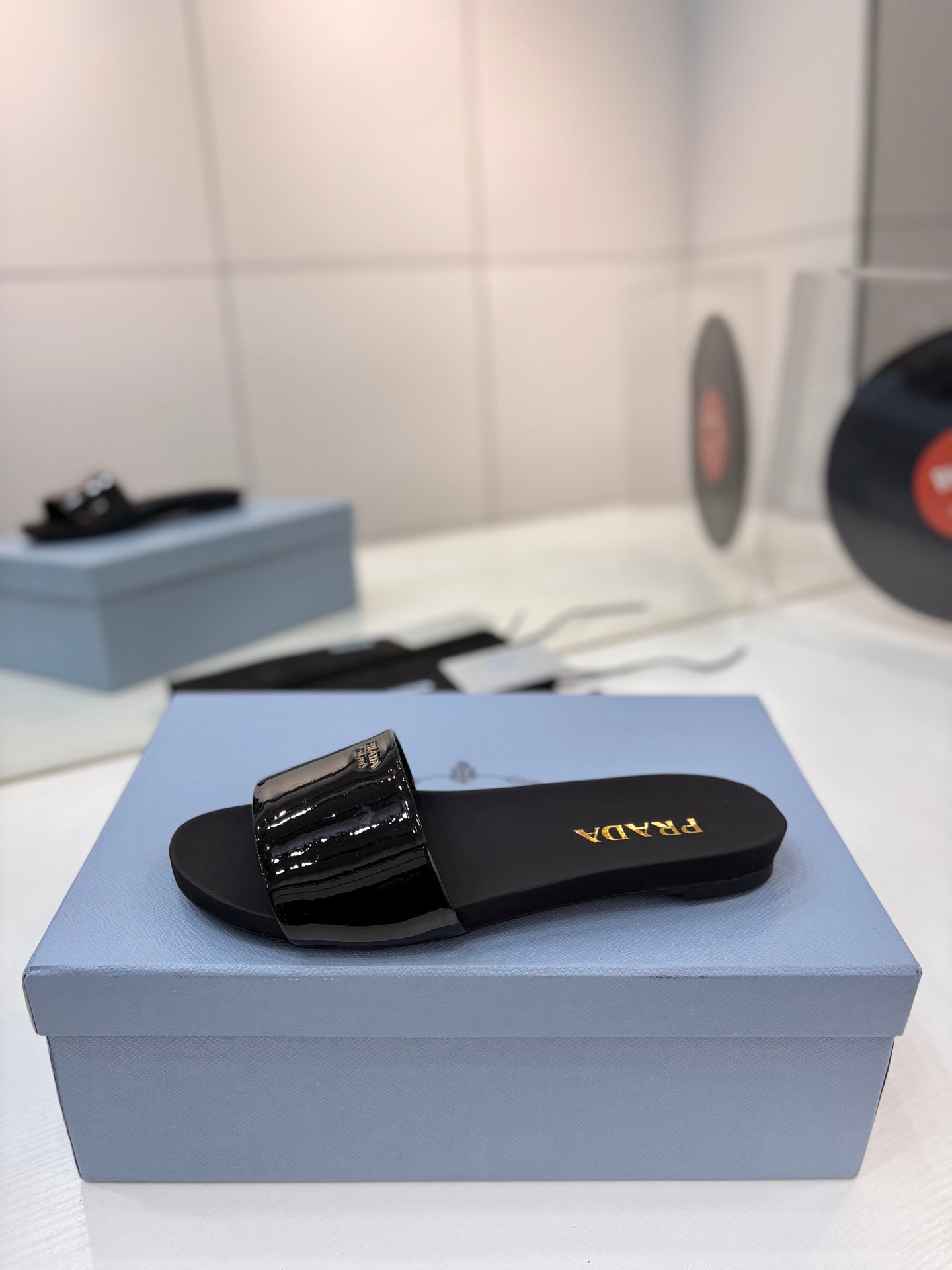 Prada Slides Black Patent Leather 834596