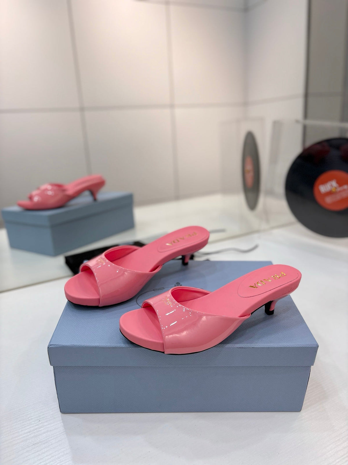 Prada Kitten Heel Sandals 4cm Pink Patent Leather 834582