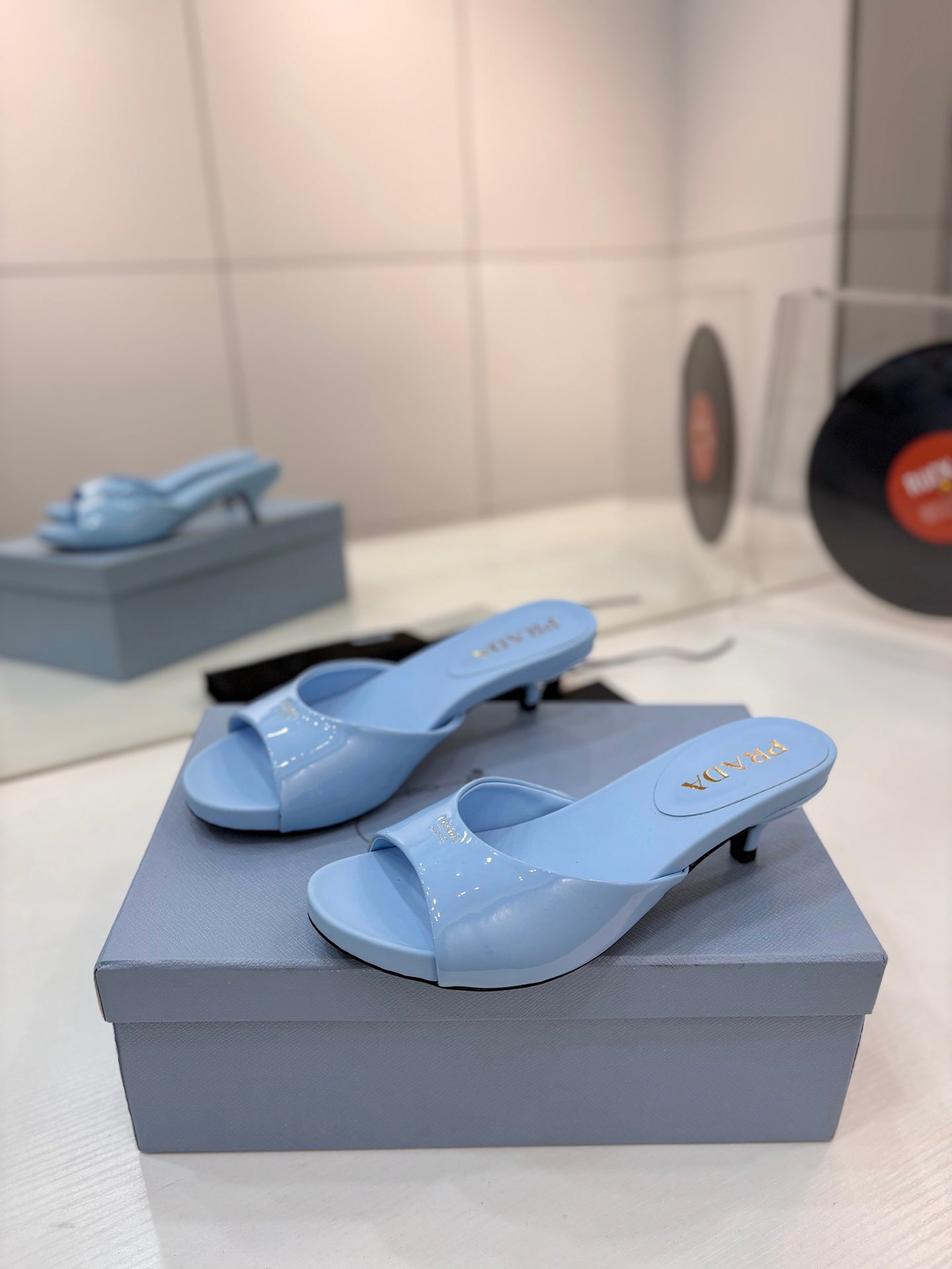 Prada Kitten Heel Sandals 4cm Light Blue Patent Leather 834599
