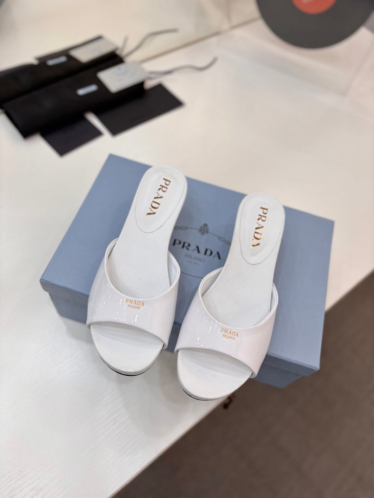 Prada Kitten Heel Sandals 4cm White Patent Leather 834600