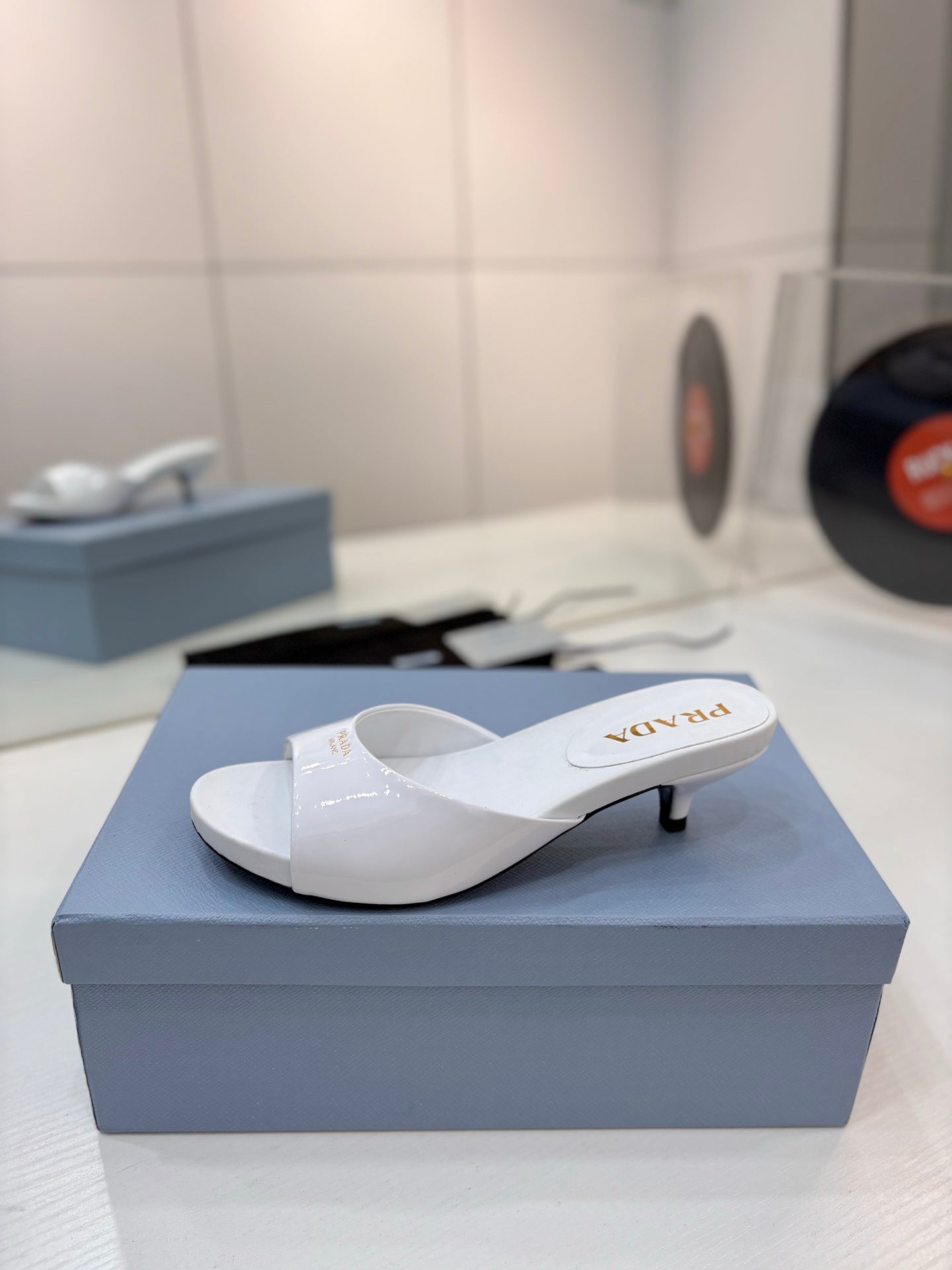 Prada Kitten Heel Sandals 4cm White Patent Leather 834600