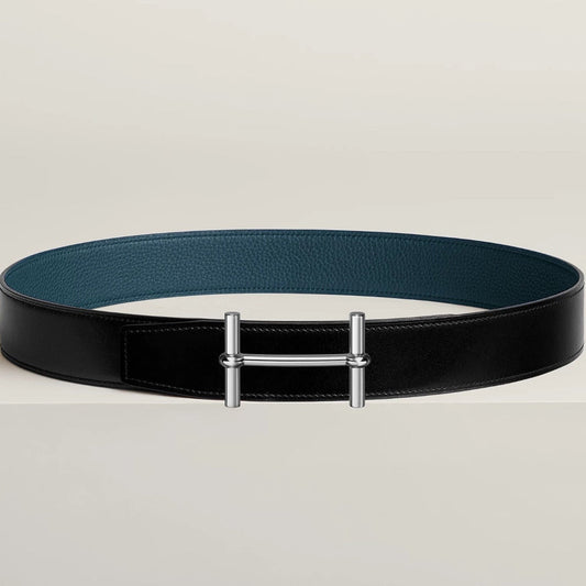 HM H D'Ancre Buckle Belt 38mm Prussian blue Black Leather 187519