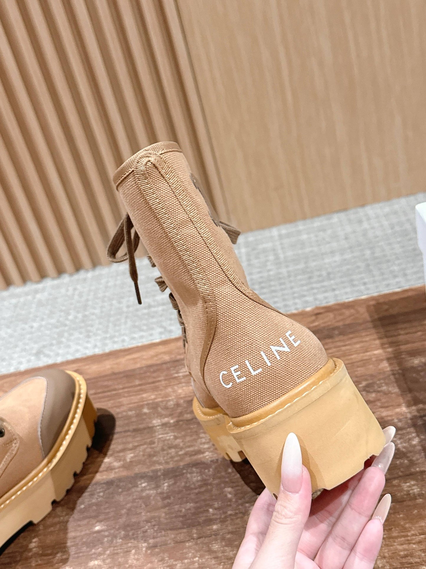 Celine 25 Bulky Lace-up Boot Tan Canvas Calfskin 554014