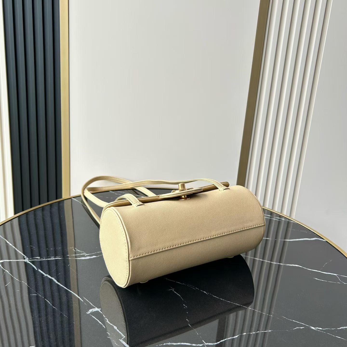 Chanel 2026 Bowling Ball Cylinder Bag 20.5cm Beige Caviar Leather 345493