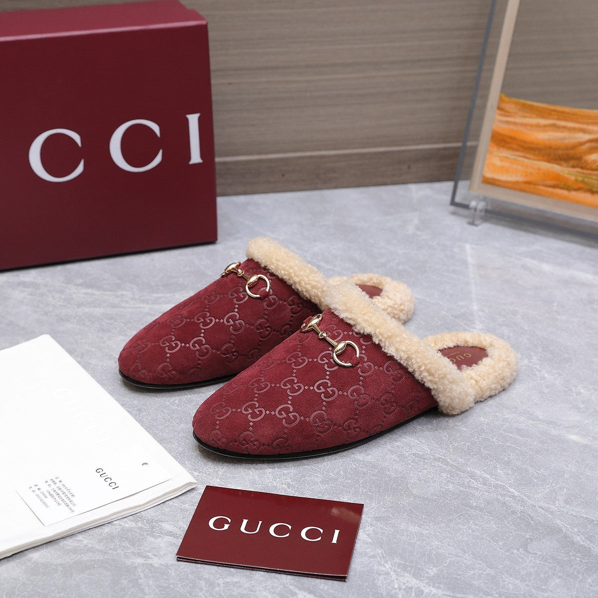 GG Horsebit Mules with Burgundy Insole Suede Shearing 547329