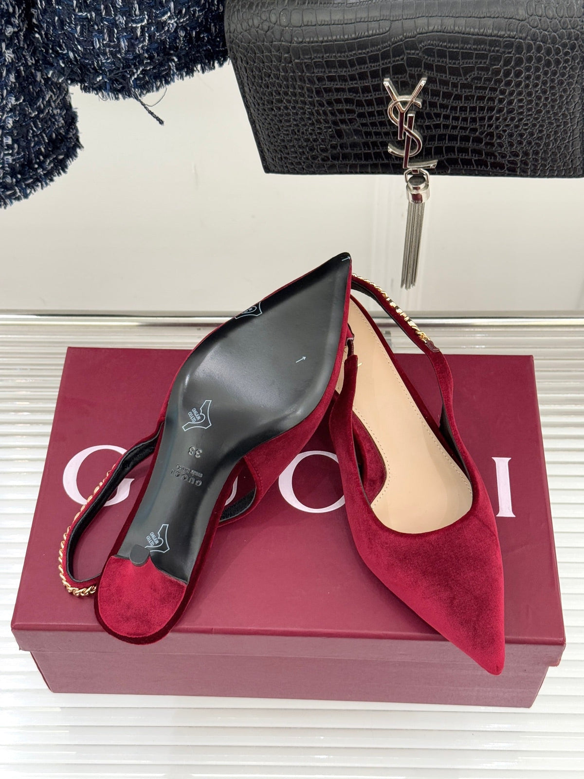 GG 26 Signoria Slingback Pumps 4.5cm Deep Wine Red Suede 632522