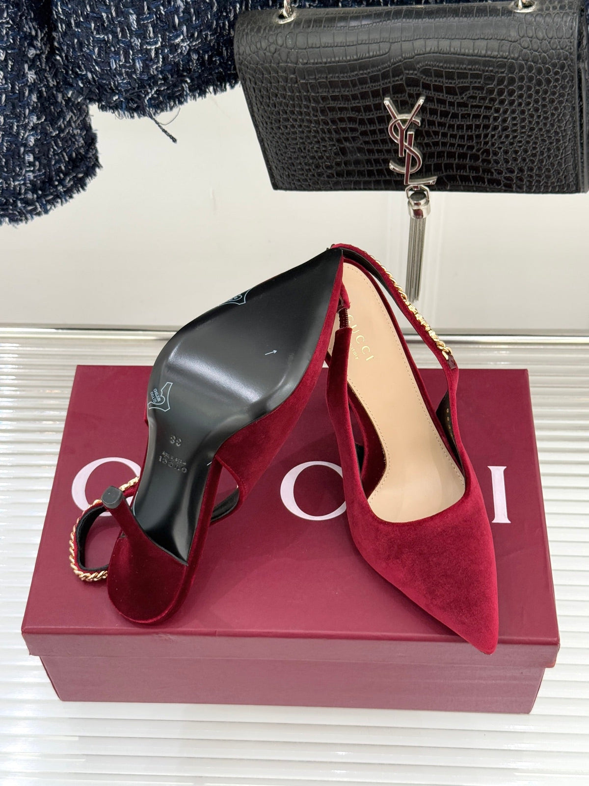 GG 26 Signoria Slingback Pumps 10.5cm Deep Wine Red Suede 632525