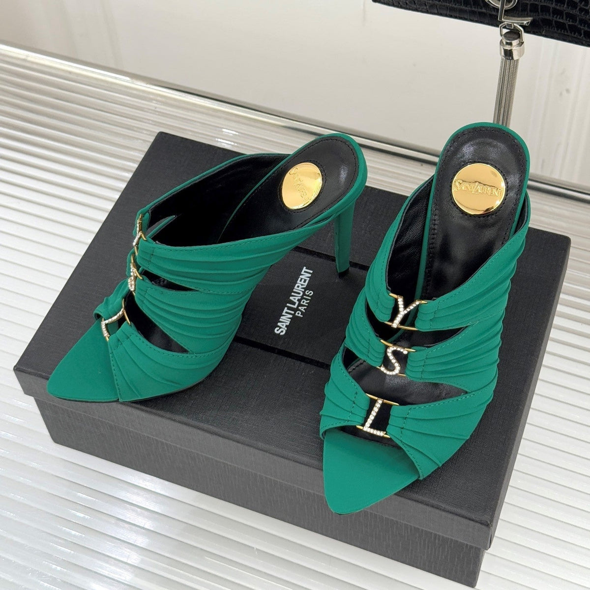 YSL Emilie Stiletto Mule Sandals 11cm Teal Green Satin 642914