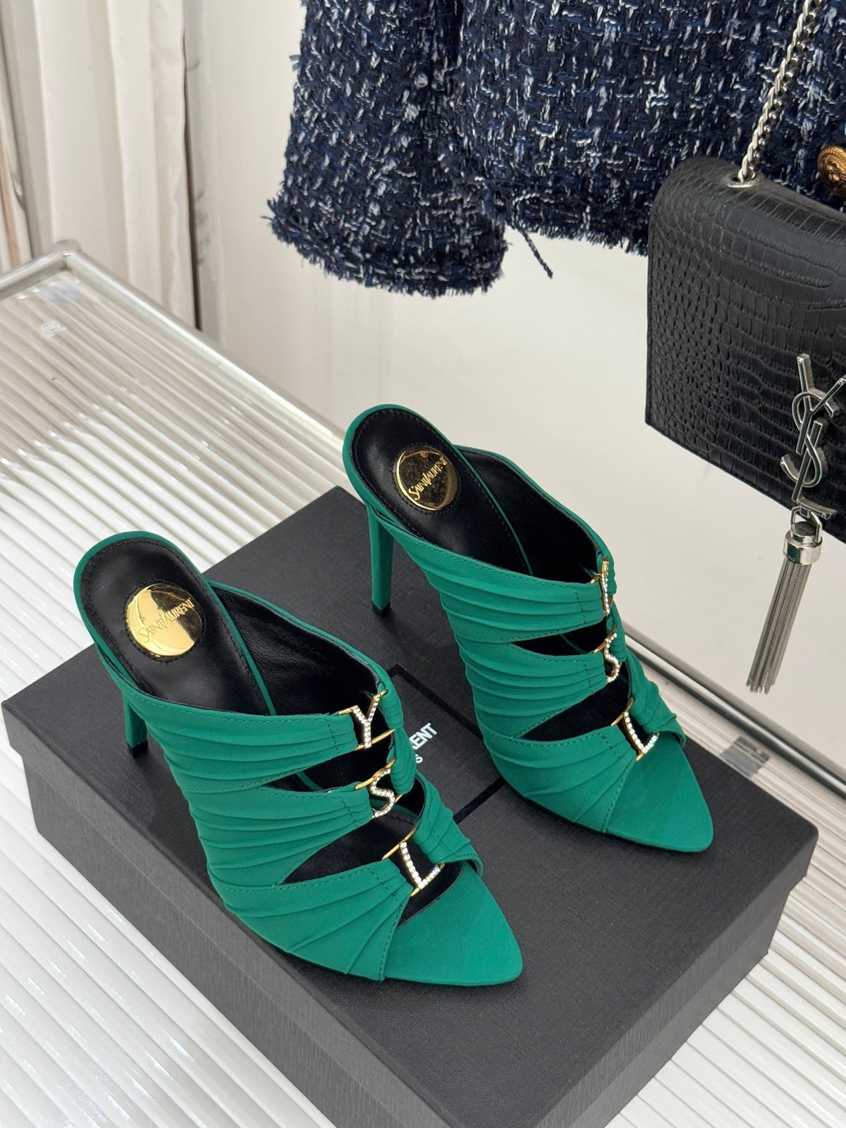 YSL Emilie Stiletto Mule Sandals 11cm Teal Green Satin 642914
