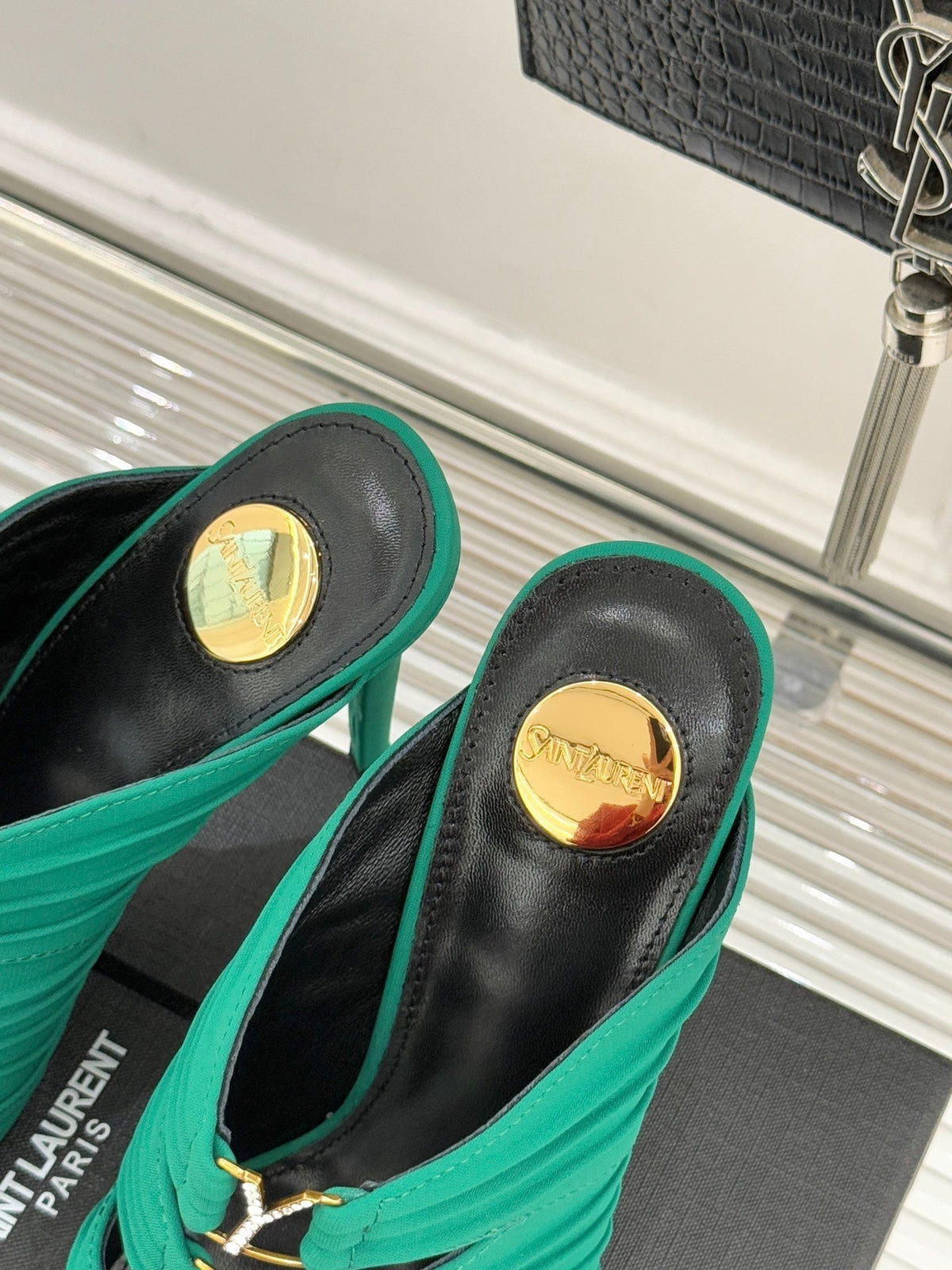 YSL Emilie Stiletto Mule Sandals 11cm Teal Green Satin 642914