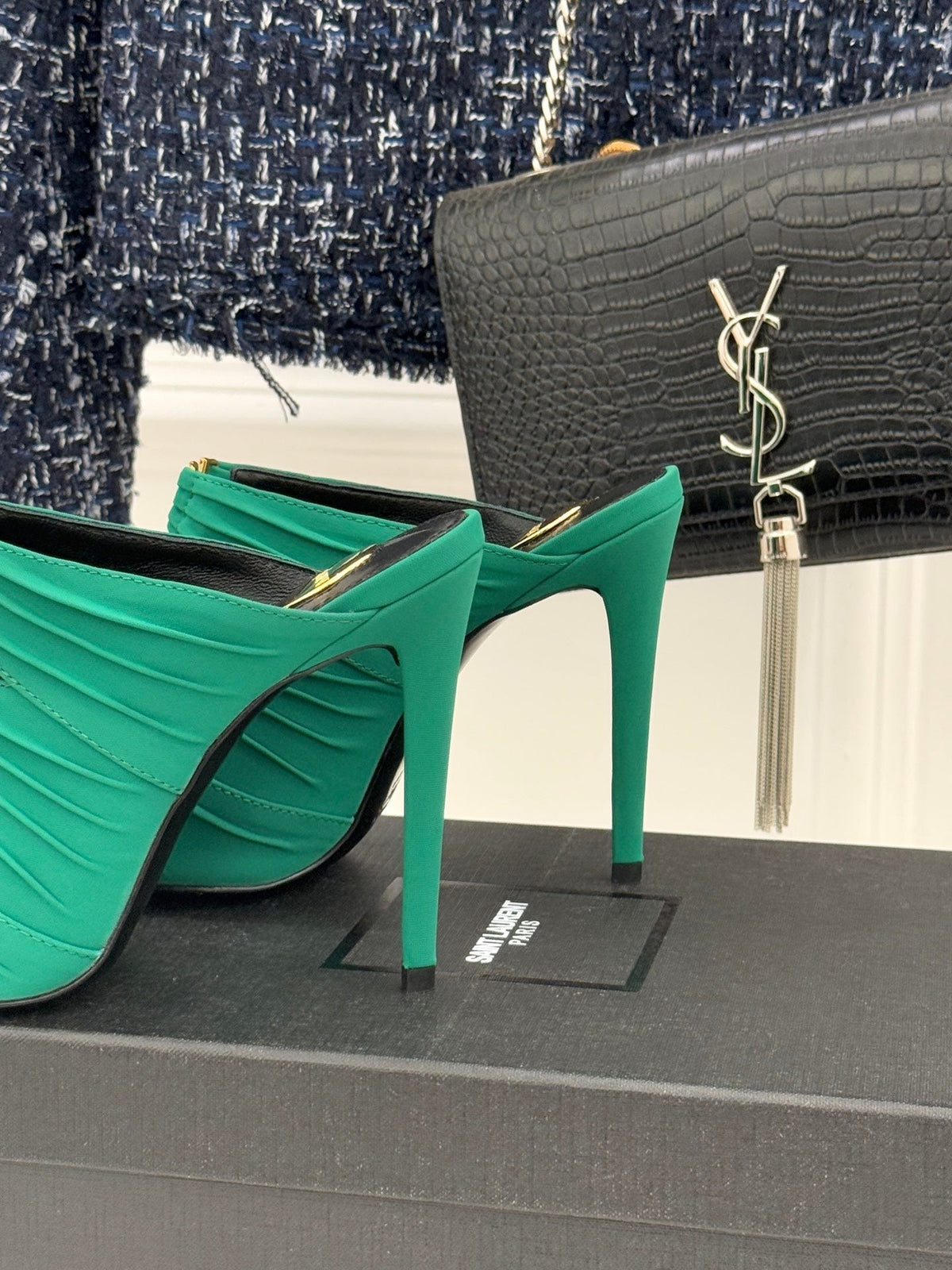 YSL Emilie Stiletto Mule Sandals 11cm Teal Green Satin 642914