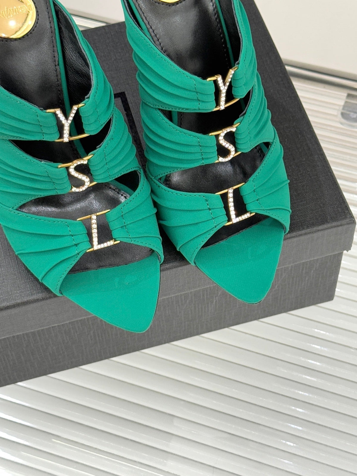 YSL Emilie Stiletto Mule Sandals 11cm Teal Green Satin 642914