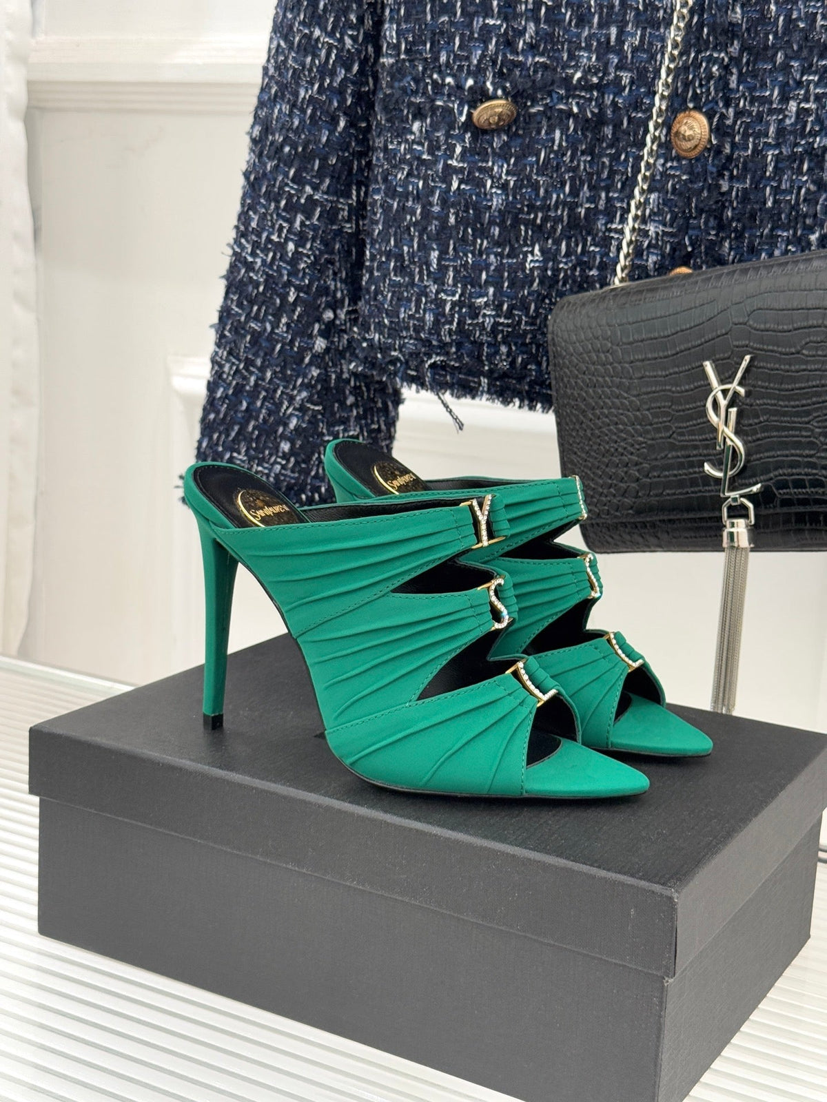 YSL Emilie Stiletto Mule Sandals 11cm Teal Green Satin 642914