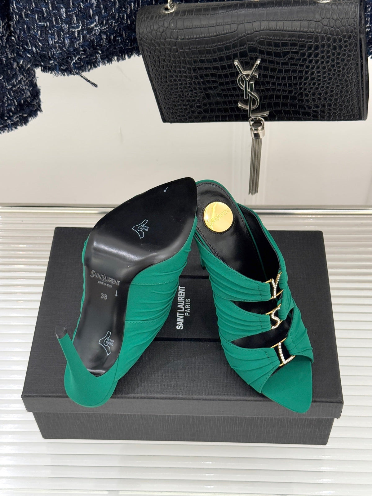 YSL Emilie Stiletto Mule Sandals 11cm Teal Green Satin 642914