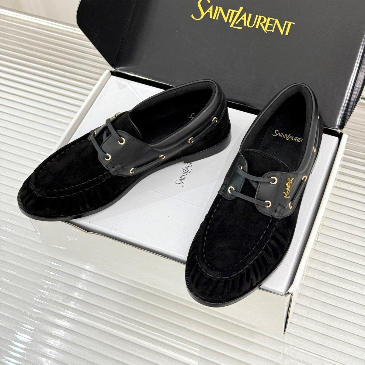 YSL 26s Le Bateau Loafer Black Calfskin Suede 992282