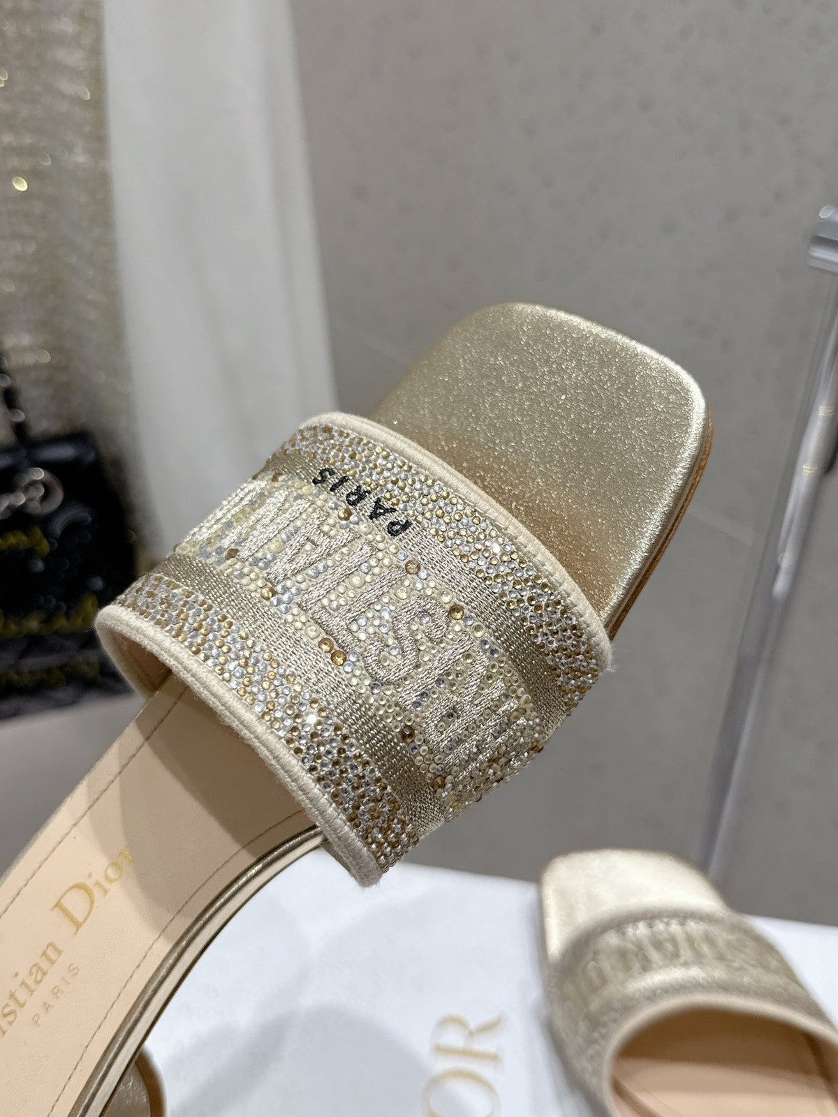 CD 26s Rhinestone Flat Slippers Gold Beige Canvas Leather 636391