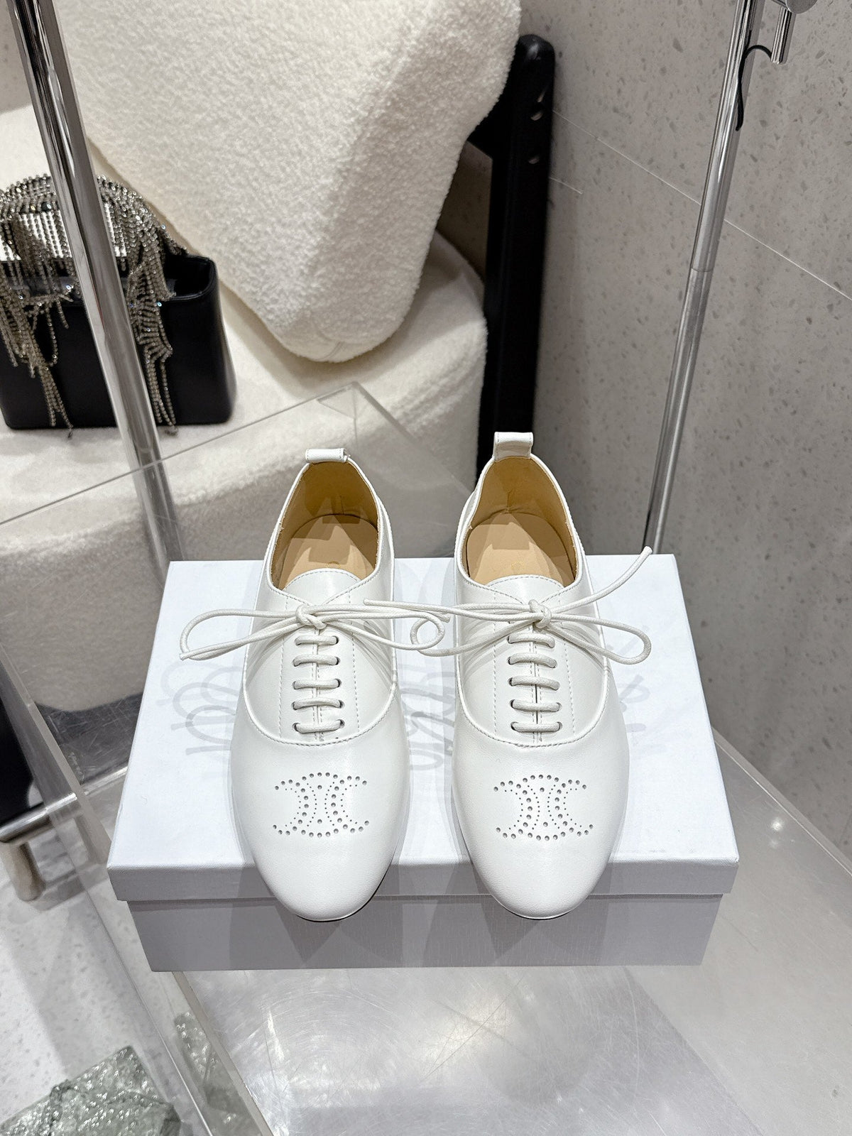 Celine 25 Lise Perforated Triomphe Richelieu Shoe White Lambskin 554196