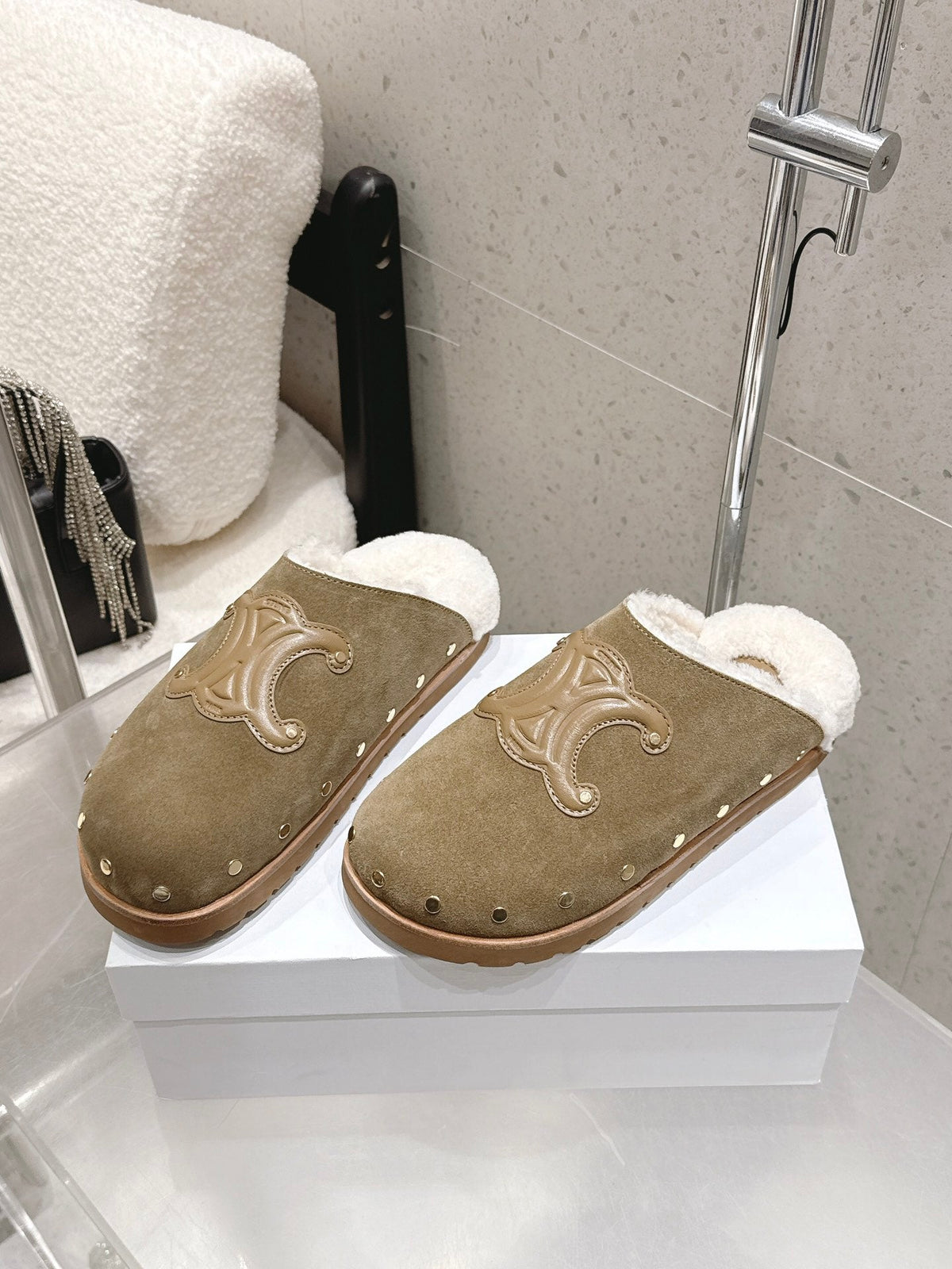 Celine Pitea Clogs Taupe Suede Calfskin Shearling 610961