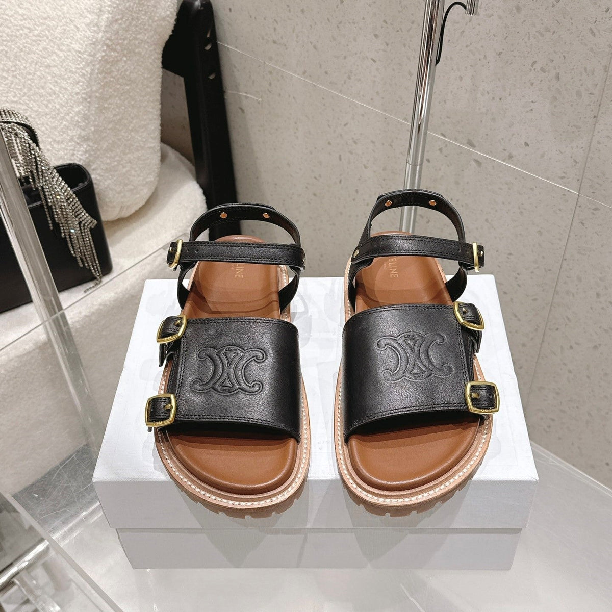 Celine Triomphe Sandals Black Brown Leather 610942