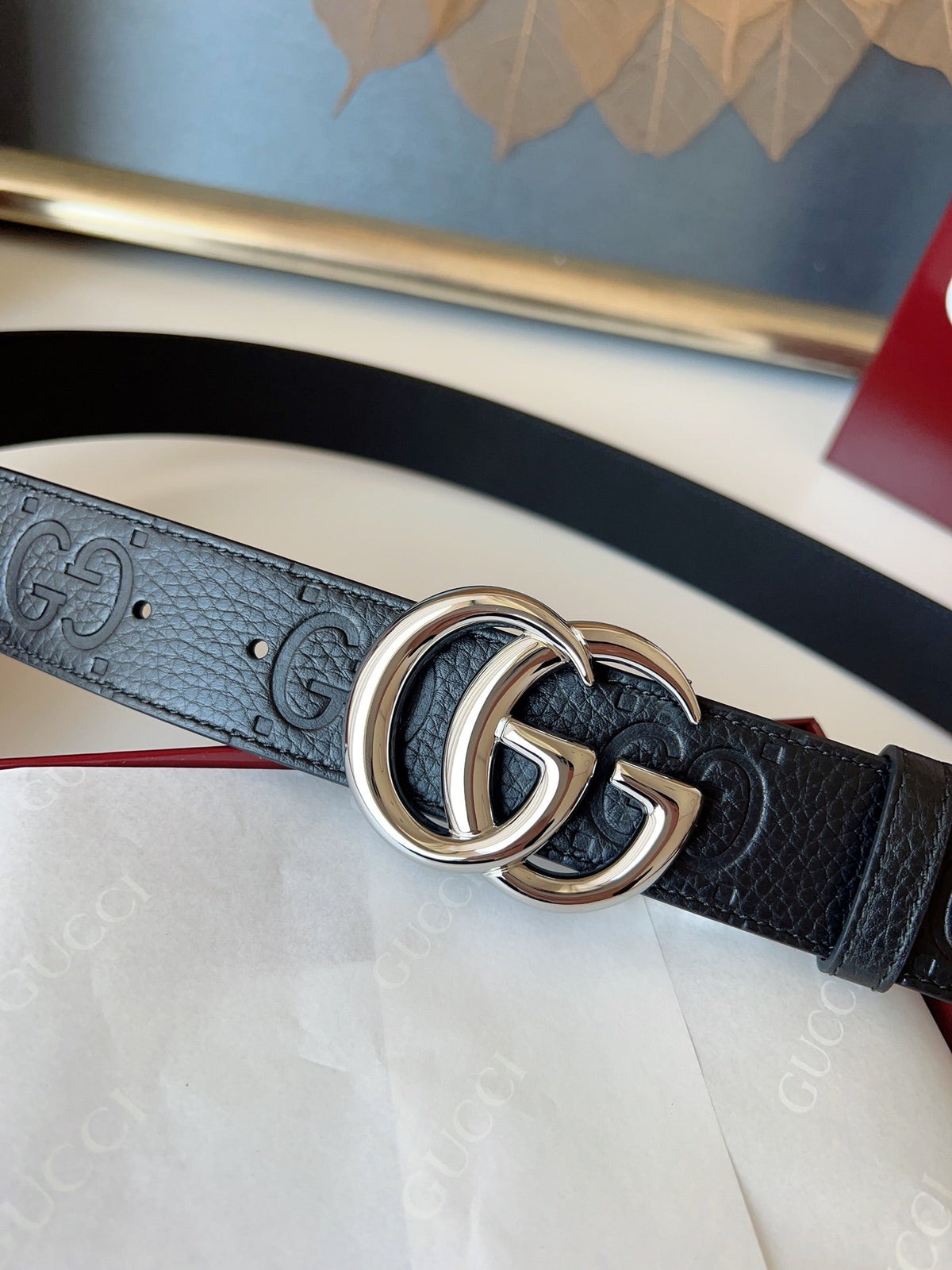 DOUBLE G MARMONT SHINY SLIVER BUCKLE 37MM BLACK  EMBOSSED LEATHER