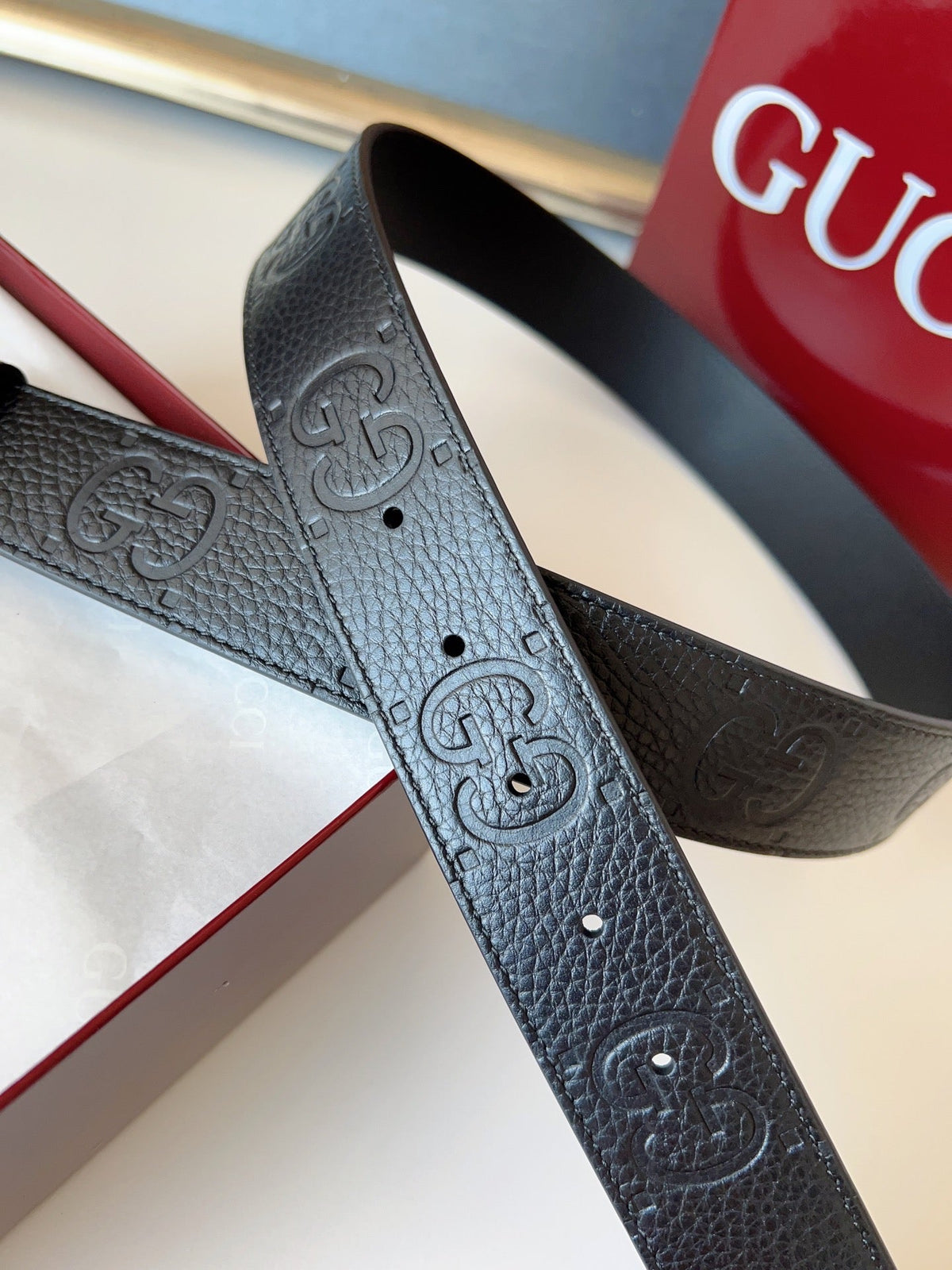 DOUBLE G MARMONT SHINY SLIVER BUCKLE 37MM BLACK  EMBOSSED LEATHER