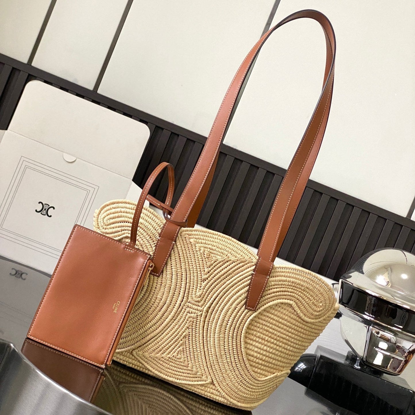 Celine Classic Panier 36cm Braieded Triomphe Beige Raffia Brown Calfskin
