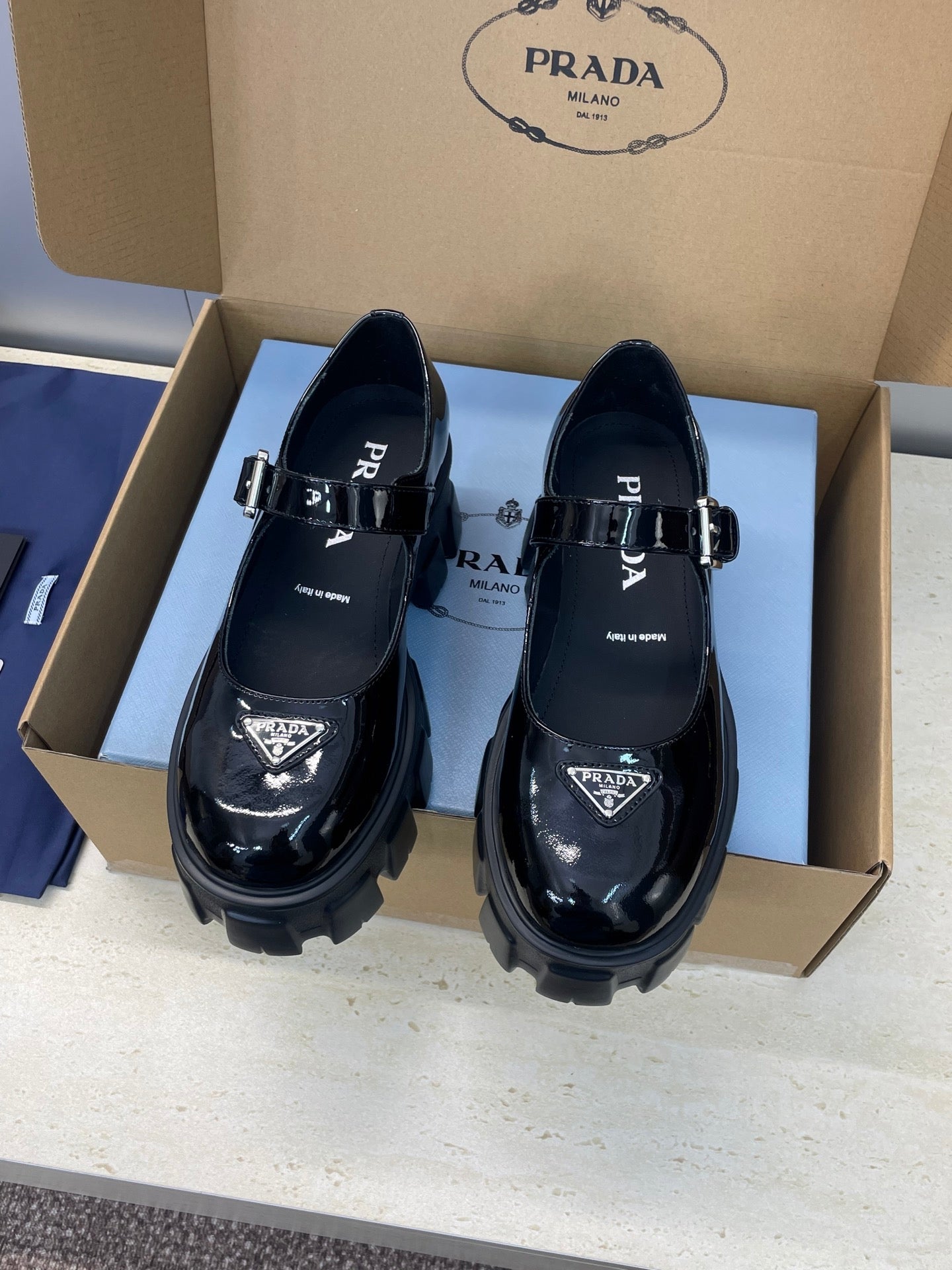 Prada Brushed Monolith Mary Janes Loafer Black Patent Leather 551879