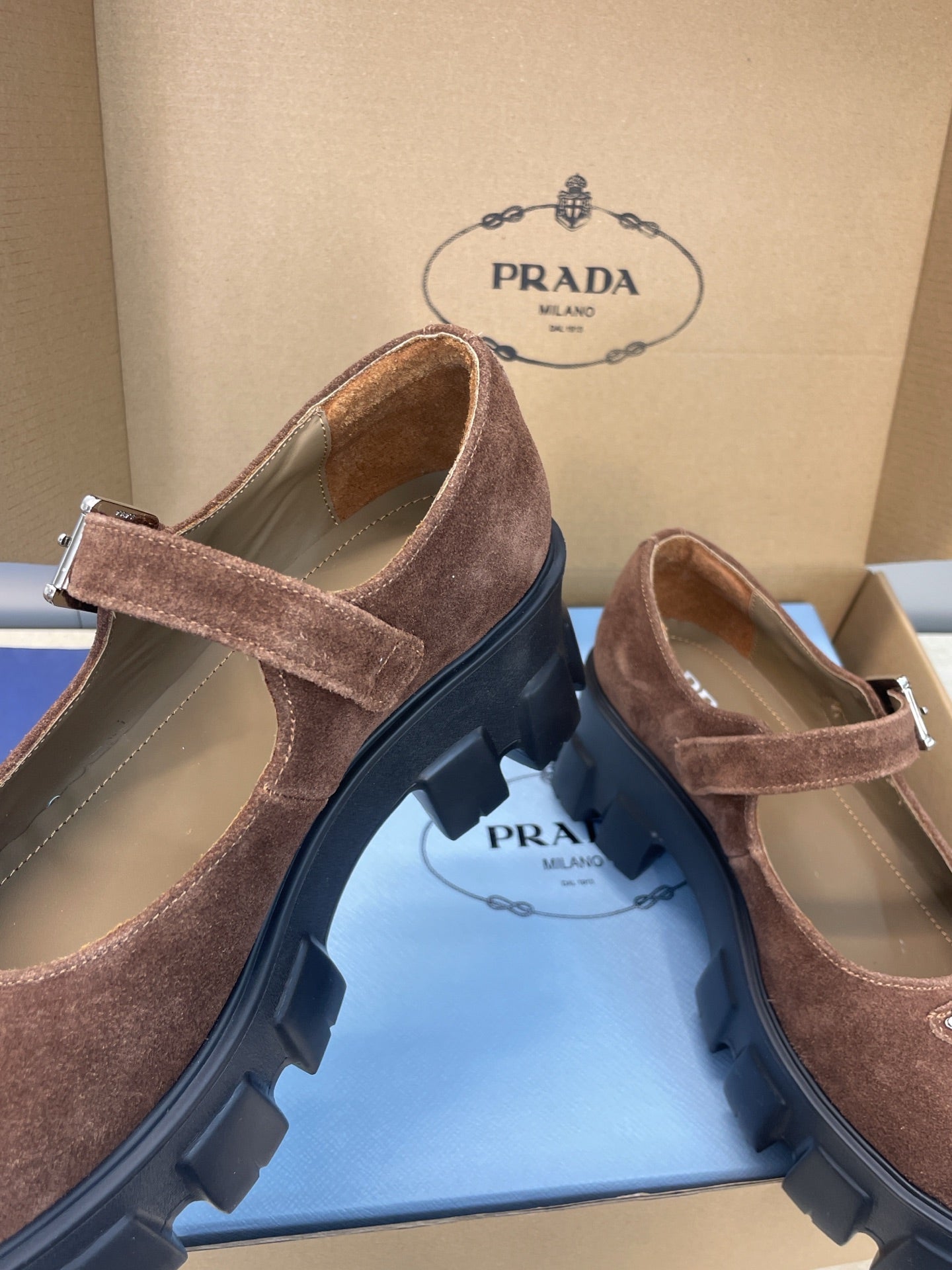 Prada Brushed Monolith Mary Janes Loafer Brown Suede 551880