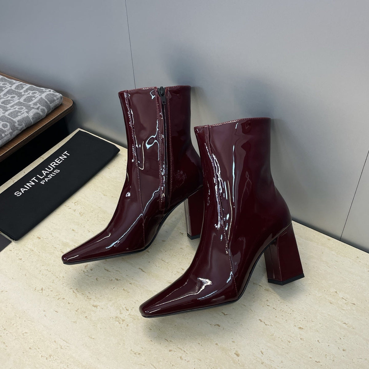 YSL Maxine Boots 75mm Burgundy Patent Leather 551931
