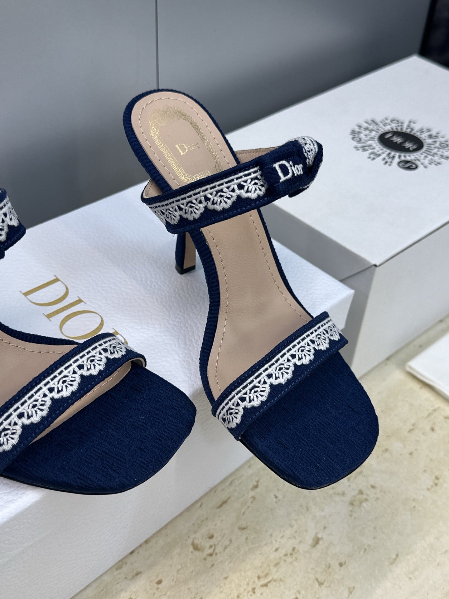 CD 26s Heeled Sandal 10cm Navy Blue Beige Leather Fabric 633070