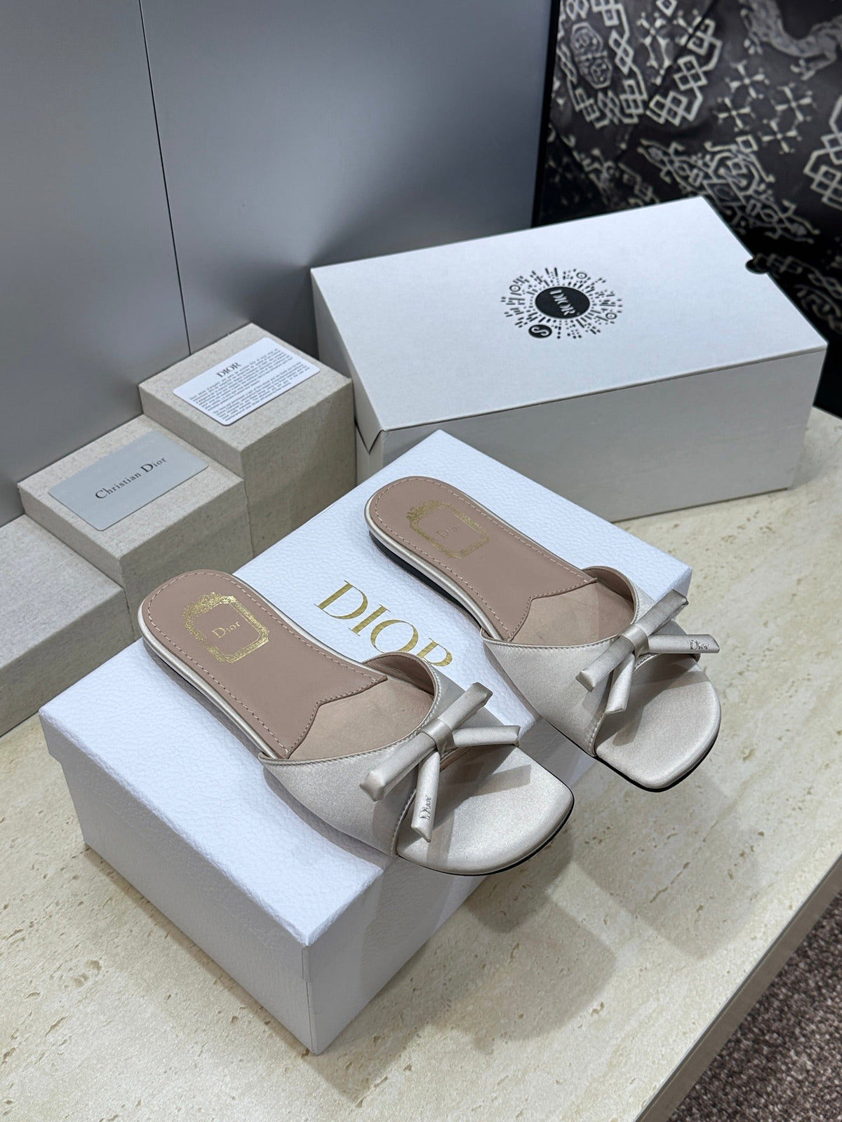 CD Dior Bow Slides Grey Satin 884661