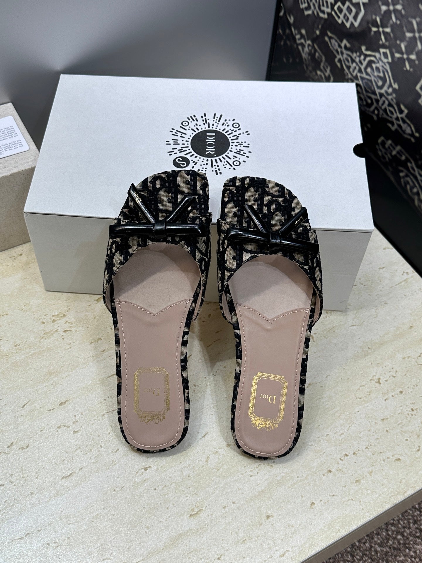 CD Dior Bow Slides Beige Black Canvas 884665