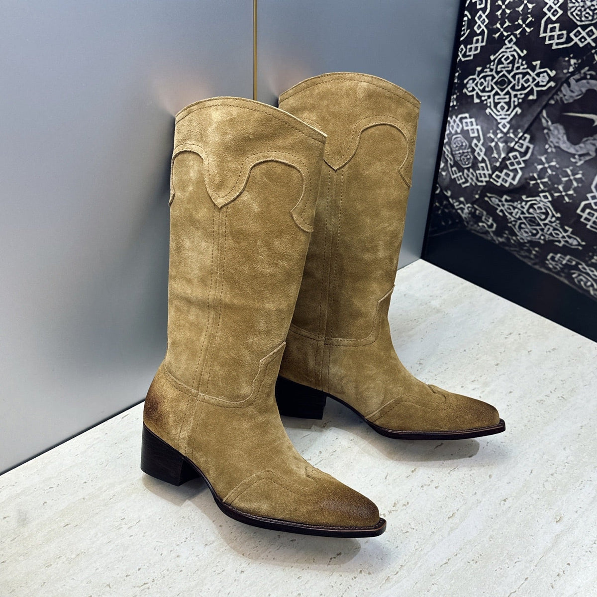 Celine 26s Mid-Calf Boots 4.5cm Khaki Suede 959447