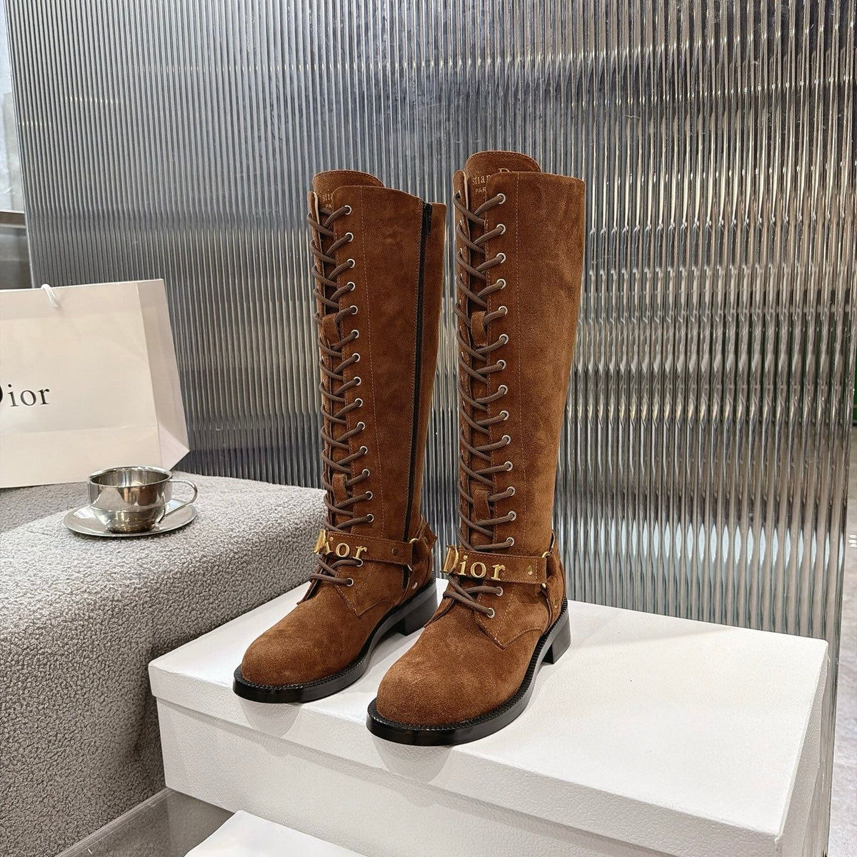 CD 26s Lace-Up Knee-High Boots Brown Suede 924103
