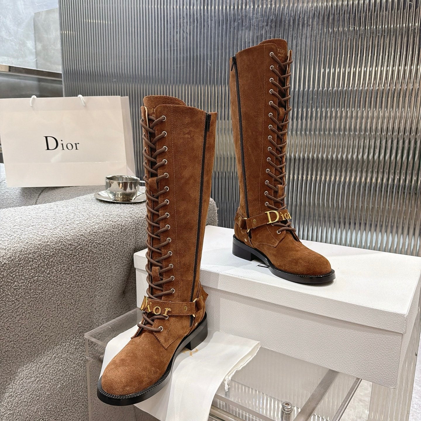 CD 26s Lace-Up Knee-High Boots Brown Suede 924103