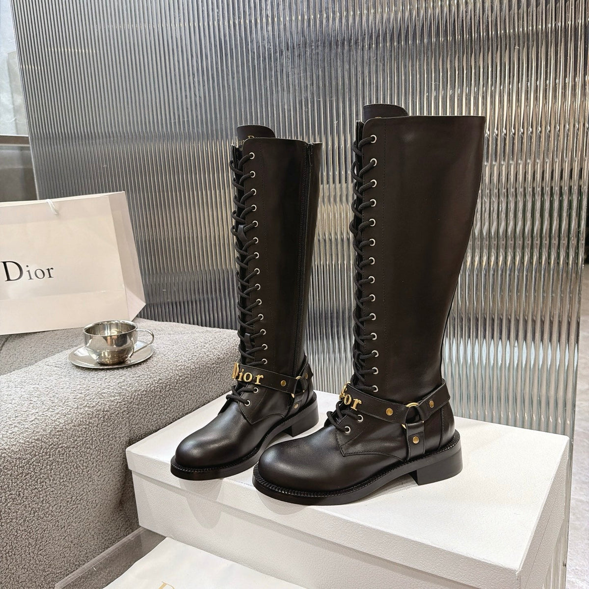 CD 26s Lace-Up Knee-High Boots Black Calfskin 924104