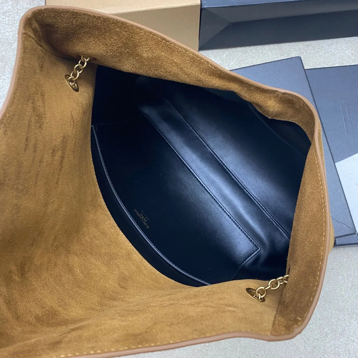 YSL 2026 Cassandre Large Pouch on Chain 35cm Brown Suede