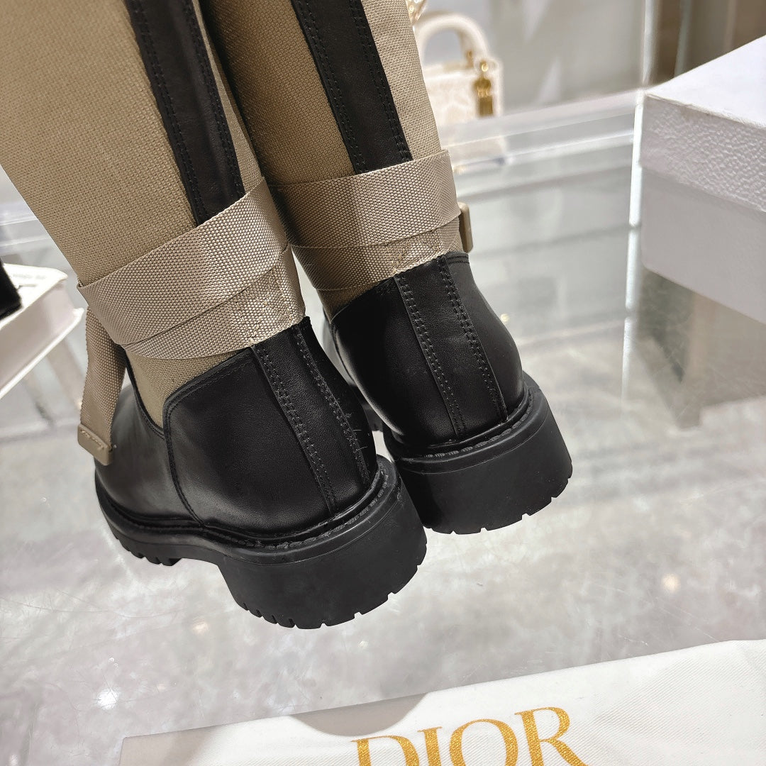 CD D-Major Boot Taupe Mix Black Calfskin And Denim Fabric