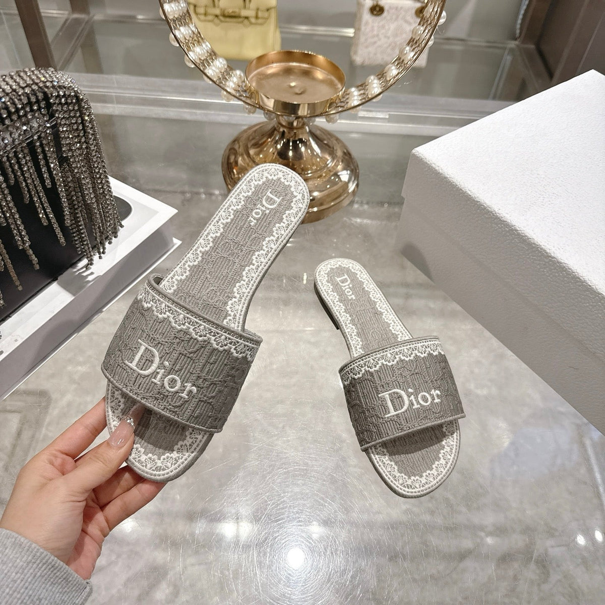 CD26 Embroidered Sandals Gray White Canvas 592243