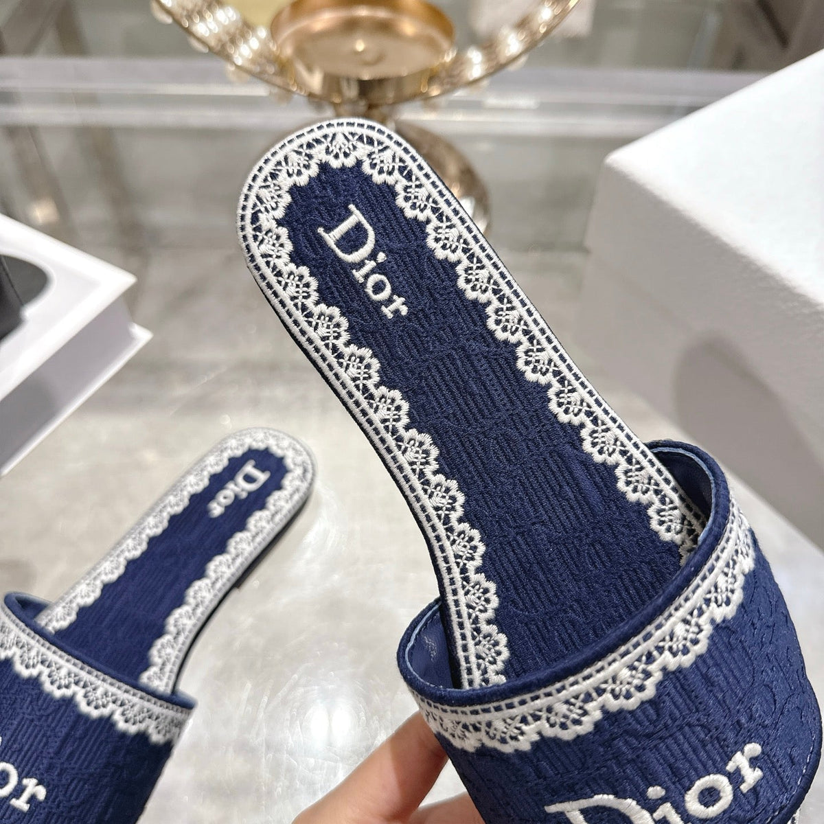 CD 26 Embroidered Sandals Blue White Canvas 592244