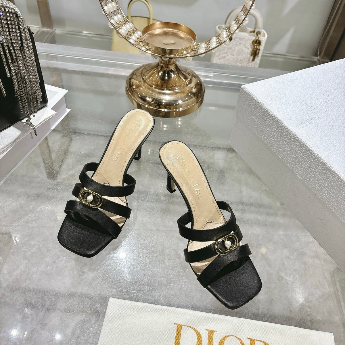 CD 26 High-Heeled Sandals 75mm Black Beige Leather 592255