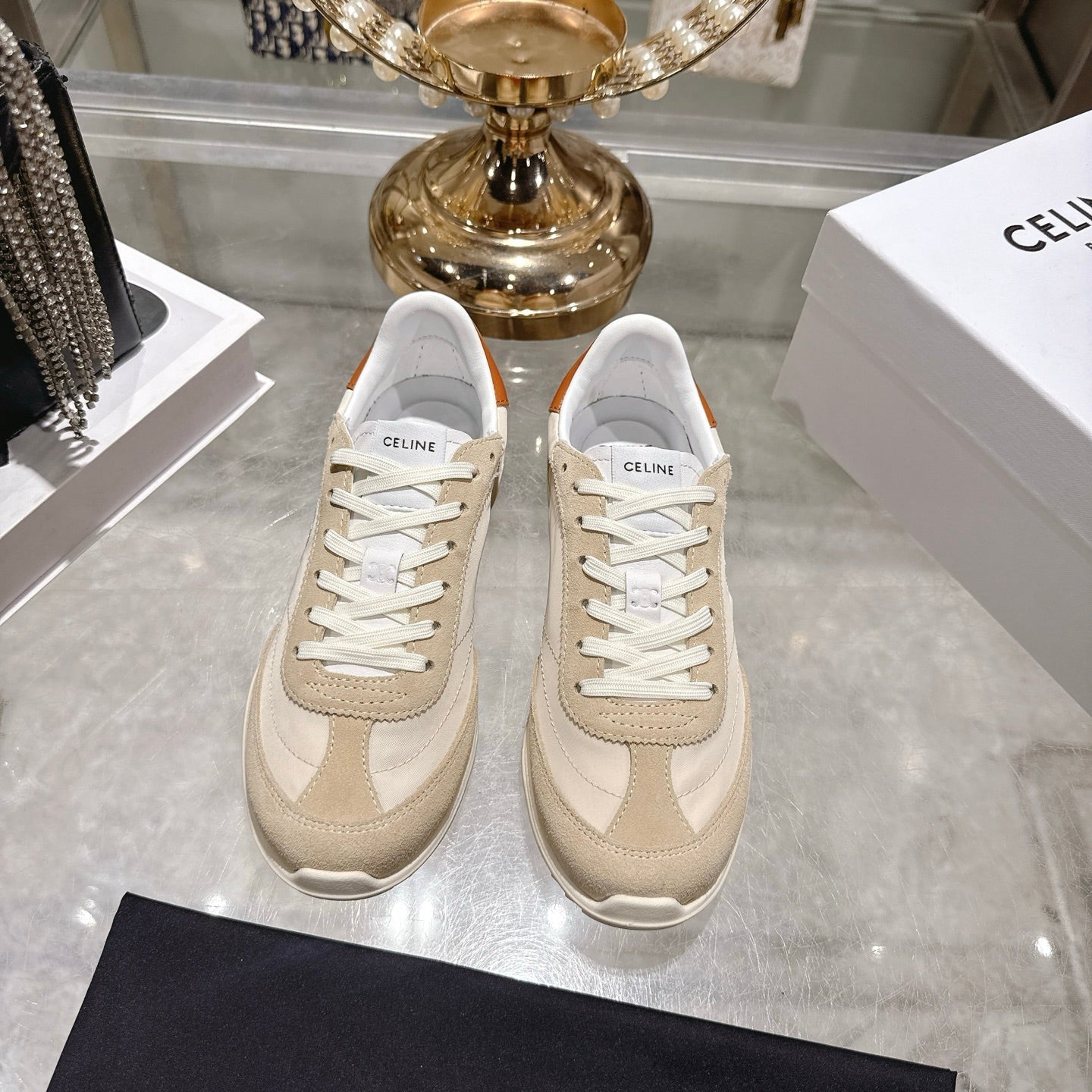 Celine Racer Sneaker Beige Suede Fabric 679818