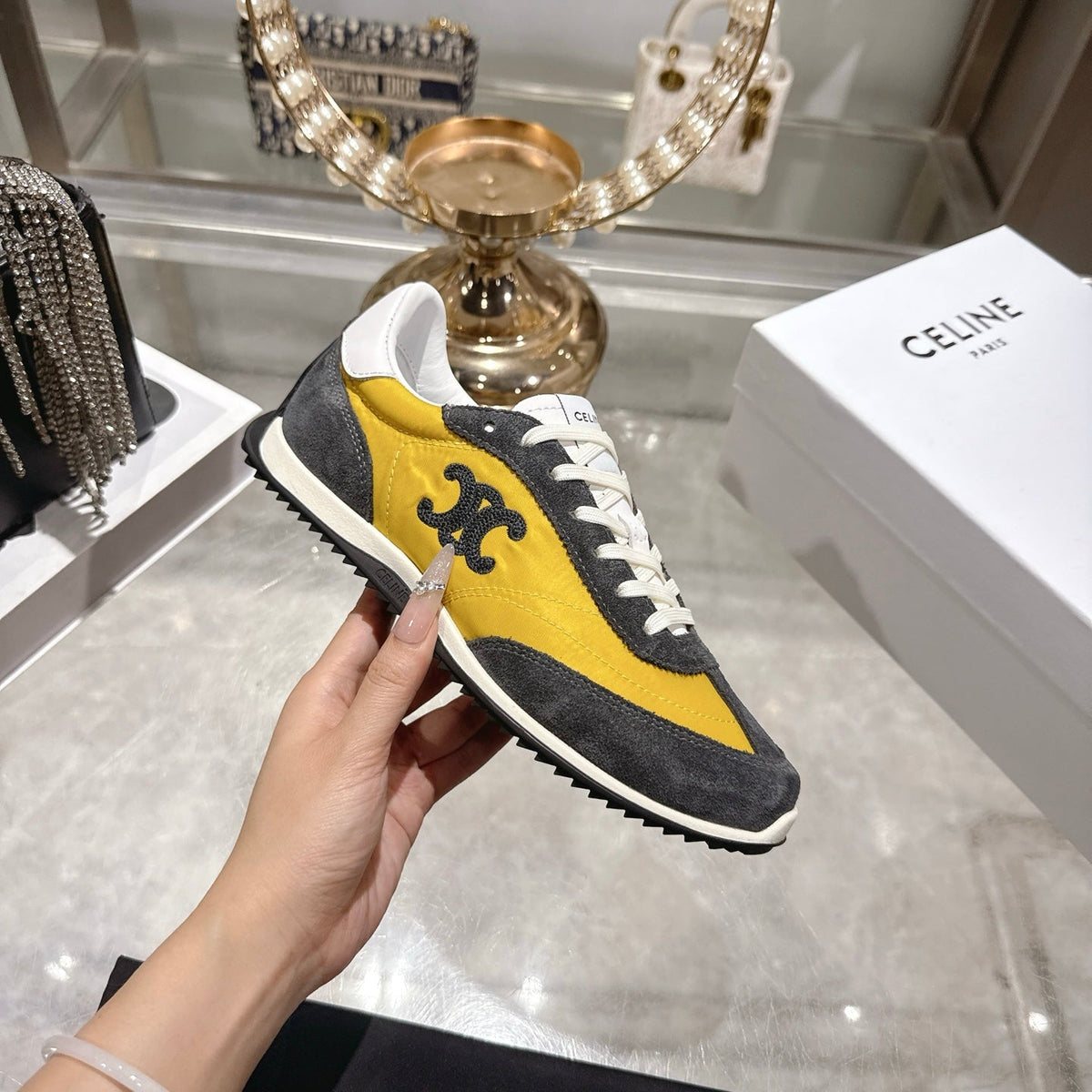 Celine Racer Sneaker Taupe Yellow Suede Fabric 679820