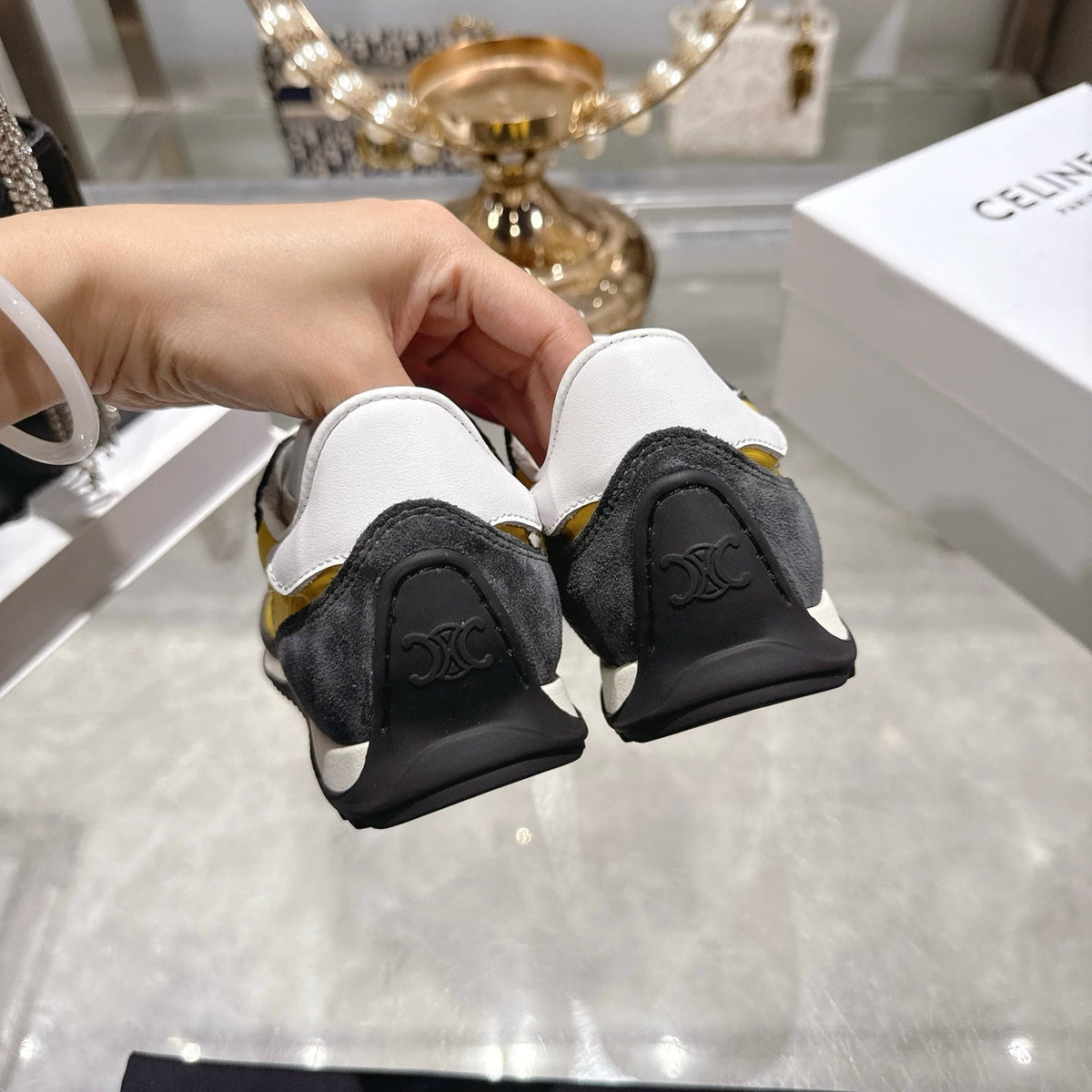 Celine Racer Sneaker Taupe Yellow Suede Fabric 679820