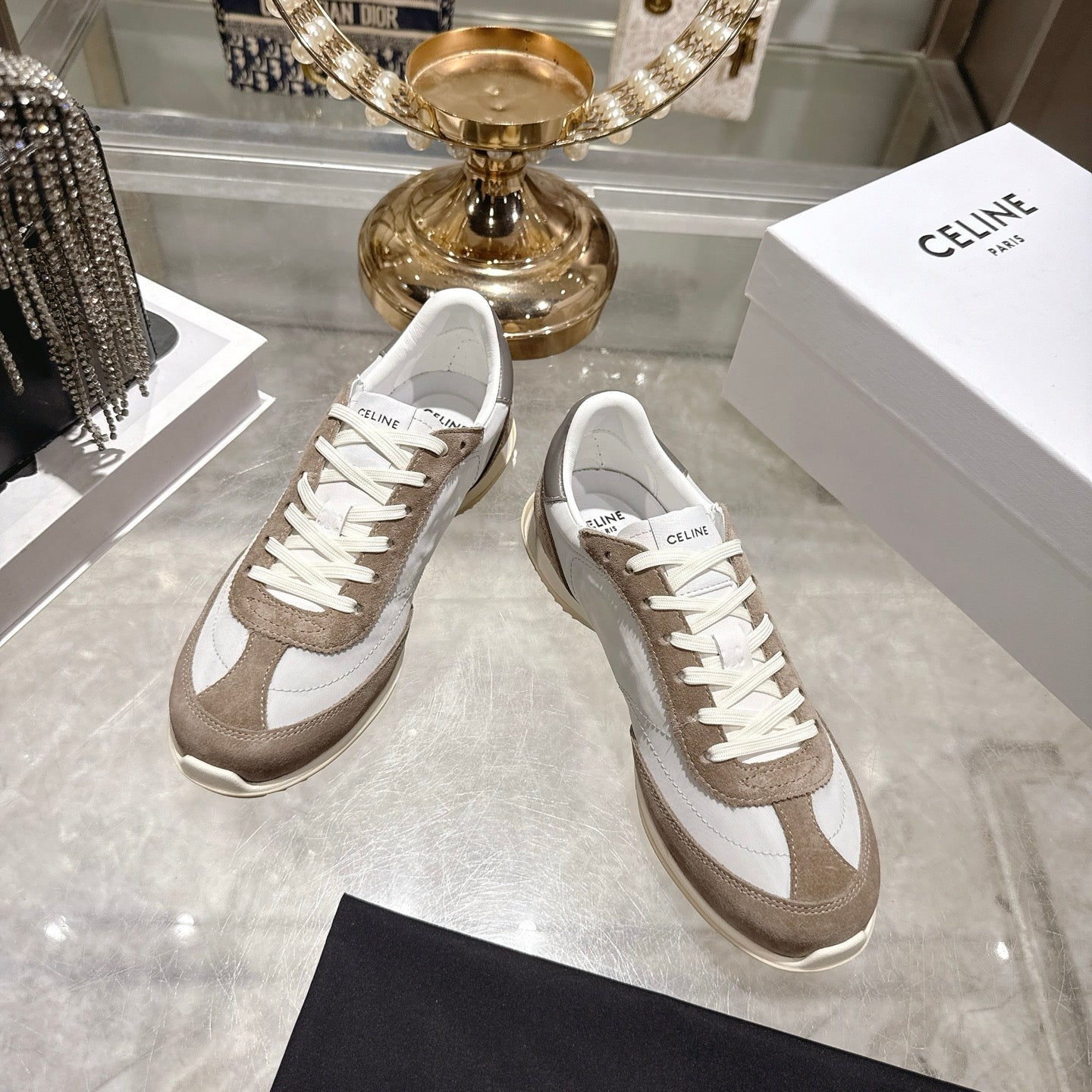Celine Racer Sneaker Dark Khahi White Suede Fabric 679821
