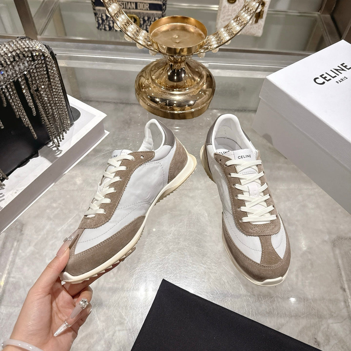 Celine Racer Sneaker Dark Khahi White Suede Fabric 679821