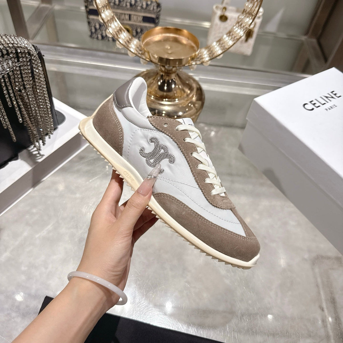 Celine Racer Sneaker Dark Khahi White Suede Fabric 679821