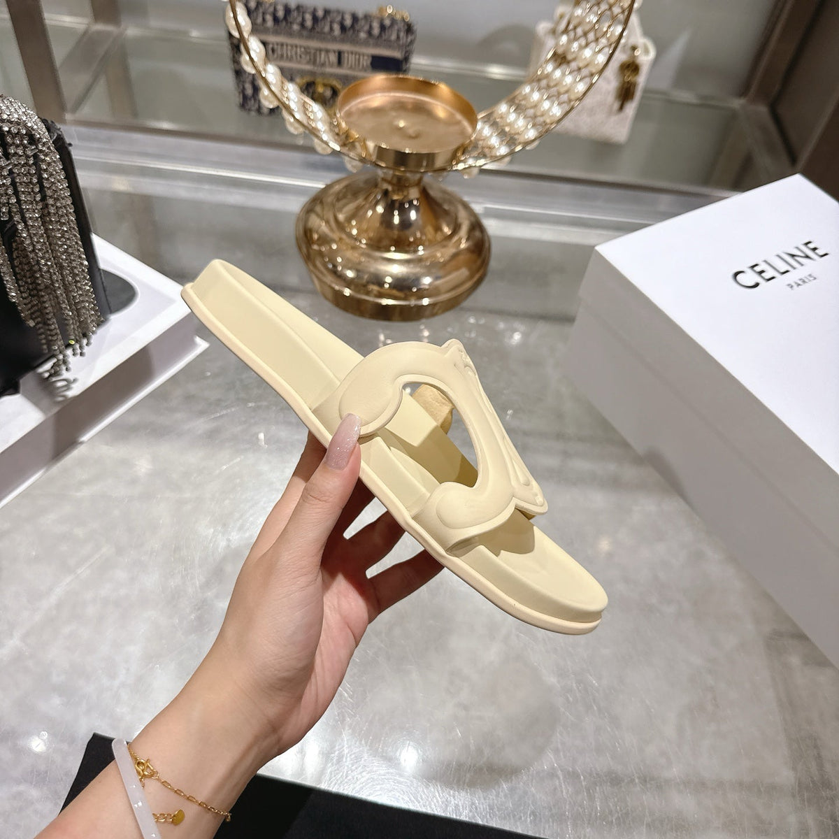 Celine 26s Triomphe Slide Light Beige Sheepskin 679831