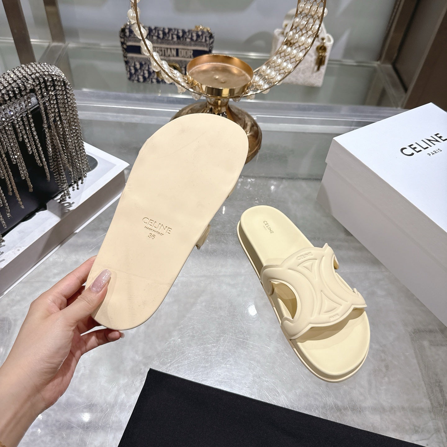 Celine 26s Triomphe Slide Light Beige Sheepskin 679831